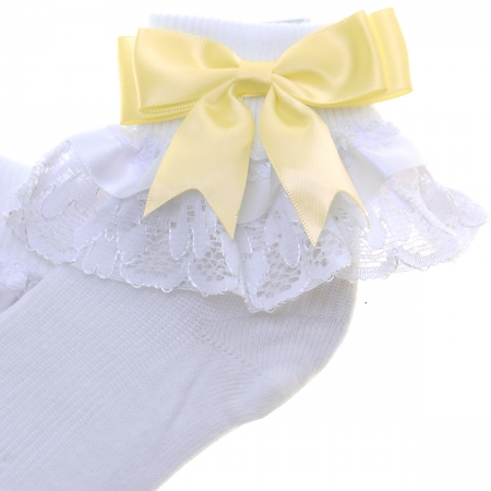 Frilly Lace Girls White Socks With Lemon Yellow Bow #2