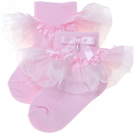Baby Girls Pink Organza Frilly Socks With Bow And Bead