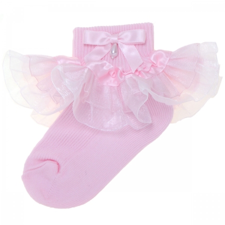 Baby Girls Pink Organza Frilly Socks With Bow And Bead #2