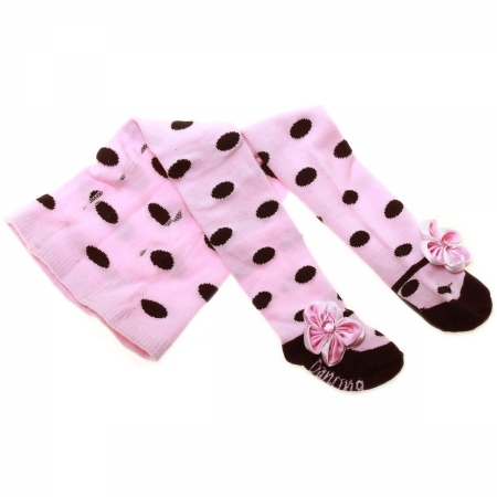 Baby Girls Pink Tights With Black Polka Dots And Pink Bow