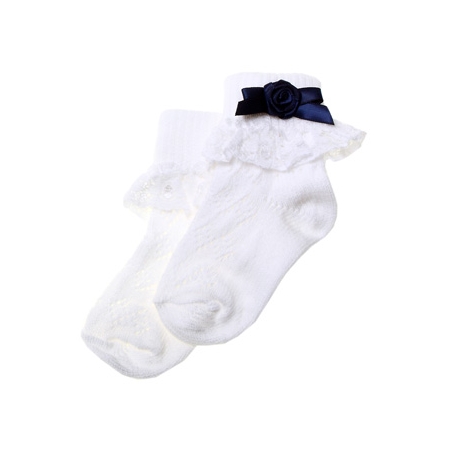 Frilly lace cotton rich girl white socks with navy rosebud and bow