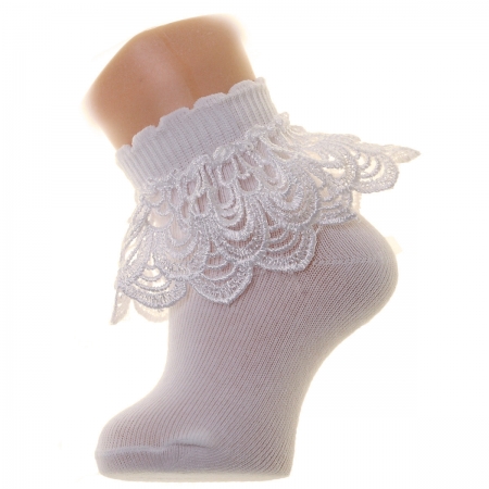 Girls Ivory Frilly Socks in Pearl Shape Guipure Lace
