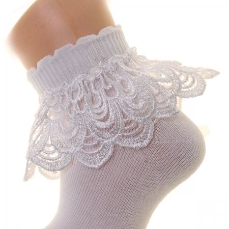 Girls Ivory Frilly Socks in Pearl Shape Guipure Lace #2