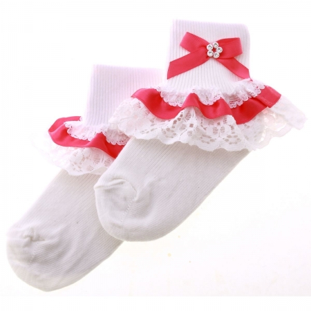 Fuchsia Satin Lace With Diamantes Girls White Frilly Socks With Bow