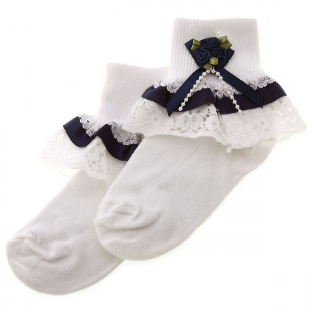 Navy Satin Lace With Rosebuds Girls Frilly White Socks