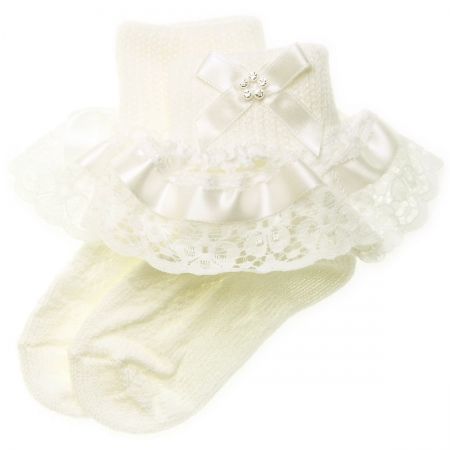 Ivory satin lace with diamante girls frilly ivory socks