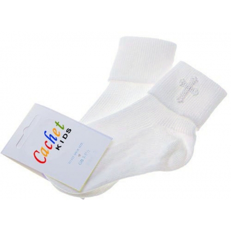 Baby christening socks with a cross white