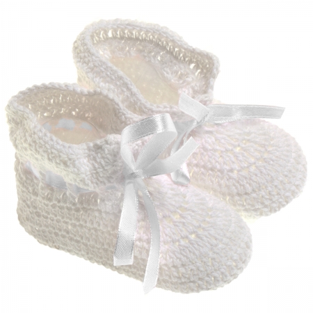 Baby Crochet Bootees In White With White Lace Ribbon