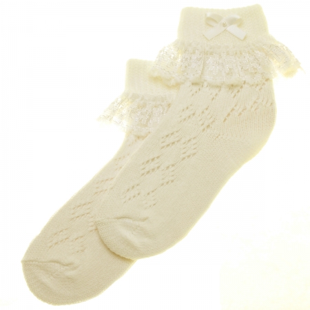 Floral Lace Baby Girls Ivory Pelerine Socks With Bow