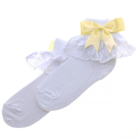 Frilly Lace Girls White Socks With Lemon Yellow Bow