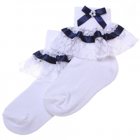Girls Frilly Socks With Navy Satin Lace Navy Bow And diamantes