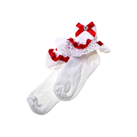 Satin lace with diamante girls white frilly socks with red bow