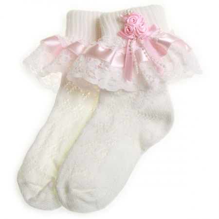 girls frilly white socks Pink satin lace with rosebuds