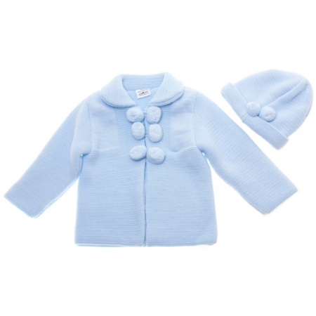Baby Blue Knitted Coat With Hat Decorated by Pom Pom