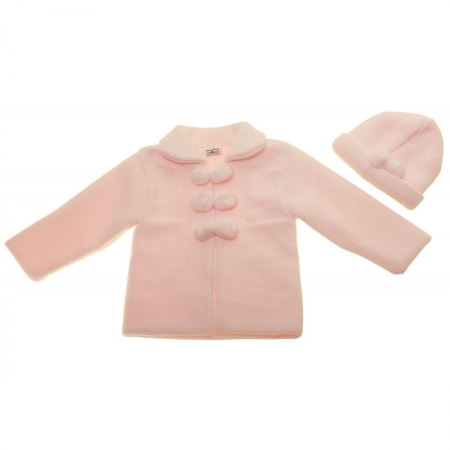 Baby Girls Knitted Pink Pom Pom Coat With Hat