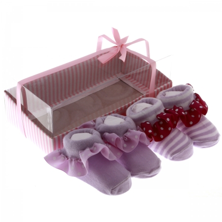 Cute baby girls lilac white frilly sock shoes in gift pack