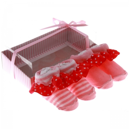 Cute baby girls pink white frilly sock shoes in gift pack