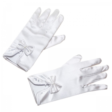 Communion White Gloves in Satin Decorated With Bows And Beads
