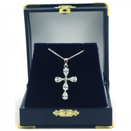 Sparkle Cubic Zirconia Cross Communion Pendant Necklace In Navy Gift Box