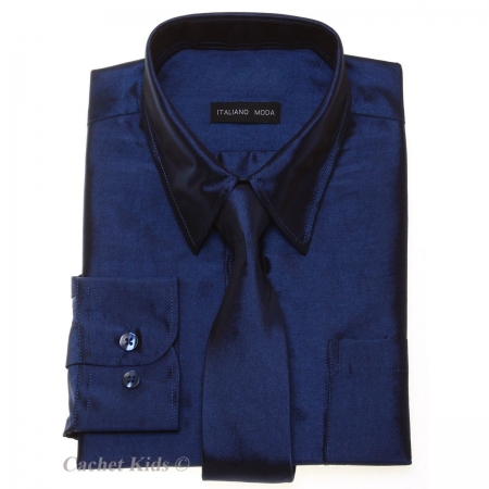 Boys Formal Shirt Boys Navy Shirt With Tie Silky Sheen Fabric