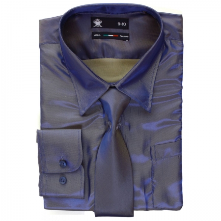 Boys Azure Blue Shirt With Tie In Silky Sheen Fabric