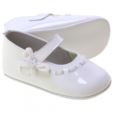 Baby Girls White Patent Pram Shoes Vecro Flower #2