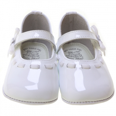 Baby Girls White Patent Pram Shoes Vecro Flower #3