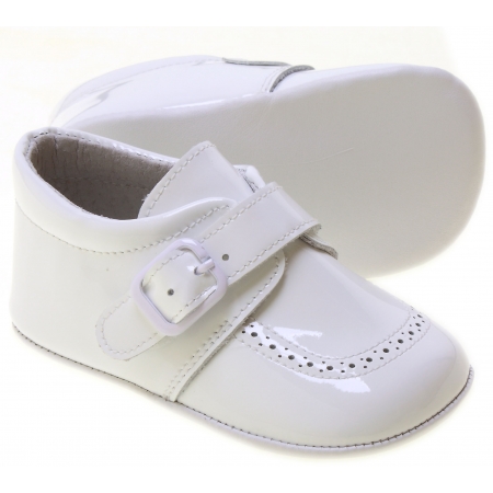 Baby Boy White Patent Pram Shoes Velcro Buckle #2