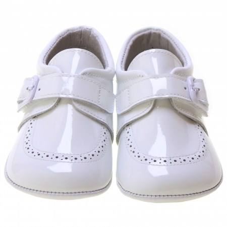 Baby Boy White Patent Pram Shoes Velcro Buckle #3