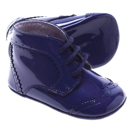 Spanish Leon Baby Boys Light Navy Patent Pram Shoes Lace Up #2