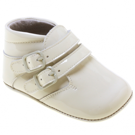 Baby Boys Ivory Pram Shoes Patent Vecro Fastening