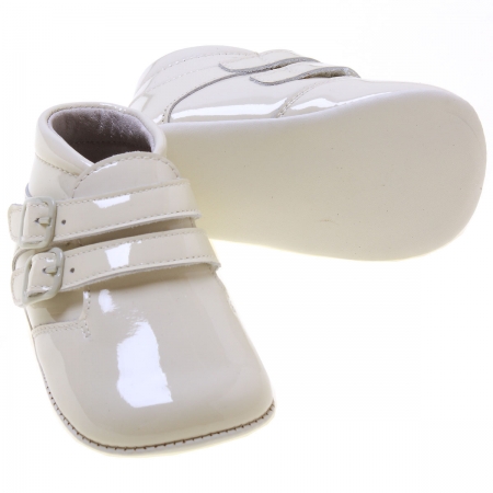 Baby Boys Ivory Pram Shoes Patent Vecro Fastening #2