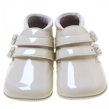 Baby Boys Ivory Pram Shoes Patent Vecro Fastening #3