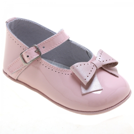 Baby Girls Pink Patent Leather Pram Shoes With Bows