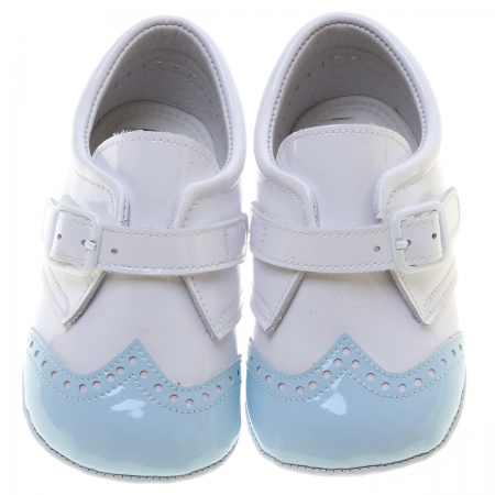 Baby Boy White Blue Patent Brogue Pram Shoes #2