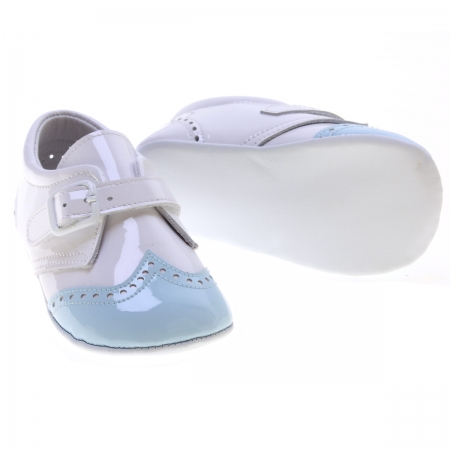 Baby Boy White Blue Patent Brogue Pram Shoes #3