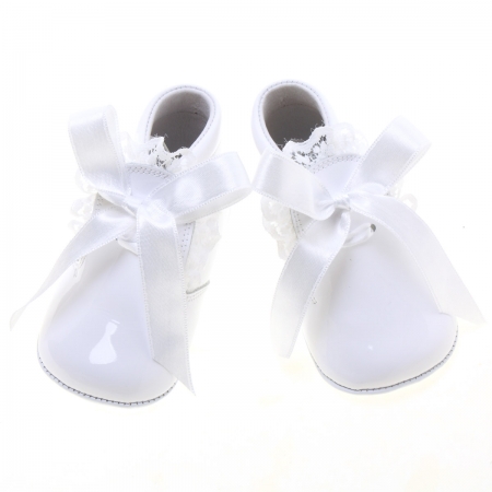 Baby Girls White Pram Boots With Frilly And Ribbon Lace #3