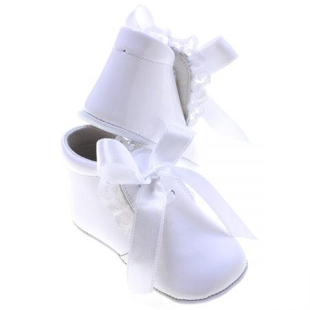 Baby Girls White Pram Boots With Frilly And Ribbon Lace #4