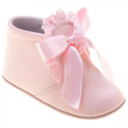 Baby Girls Pink Pram Boots With Frilly Trim And Ribbon Lace