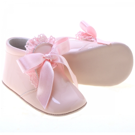 Baby Girls Pink Pram Boots With Frilly Trim And Ribbon Lace #2