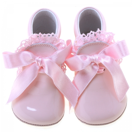 Baby Girls Pink Pram Boots With Frilly Trim And Ribbon Lace #3