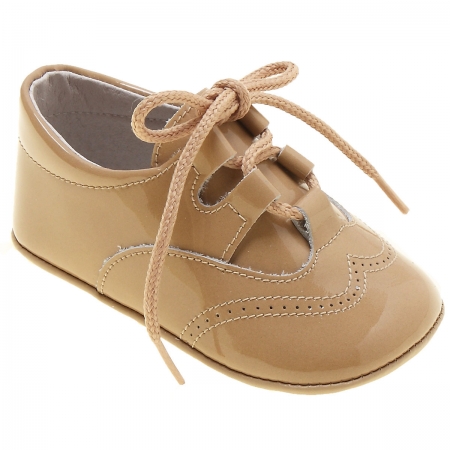 Brogue Style Baby Boys Caramel Brown Patent Pram Shoes