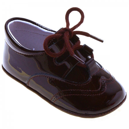 Baby Boys Chocolate Brown Patent Brogue Style Pram Shoes