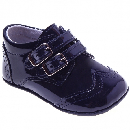 Baby Boys Navy Patent Double Strap Pram Shoes