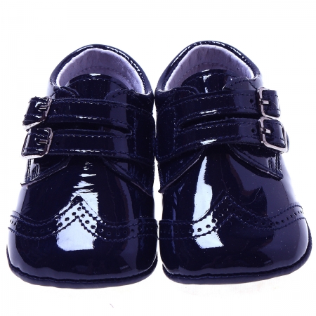 Baby Boys Navy Patent Double Strap Pram Shoes #3