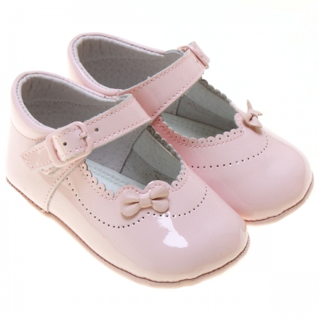 Baby Girls Pink Patent Pram Shoes With Flowers #2