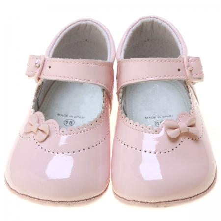 Baby Girls Pink Patent Pram Shoes With Flowers #3