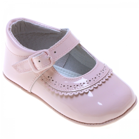 Baby Girls Pink Patent Pram Shoes Scallop Frills