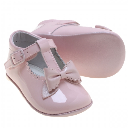 Spanish Leon Baby Girls T Bar Pink Patent Bow Shoes Scallop And Bow #2