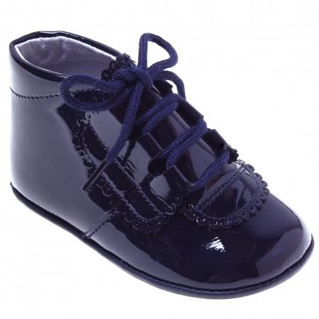 Lace Up Baby Boys Navy Patent Pram Shoes Scallop Trim Decoration